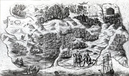 La isla de Robinson Crusoe, grabado por Clark y Pine, 1719